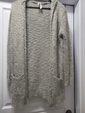 Ashley By 26 International Fuzzy Open-Front Cardigan in Light Gray
